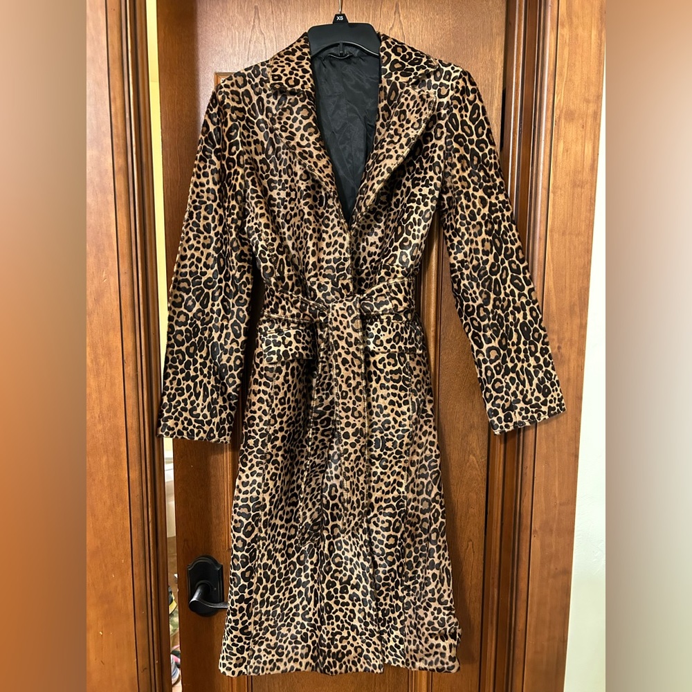 Leopard Print Pony Hair Leather Trench Coat